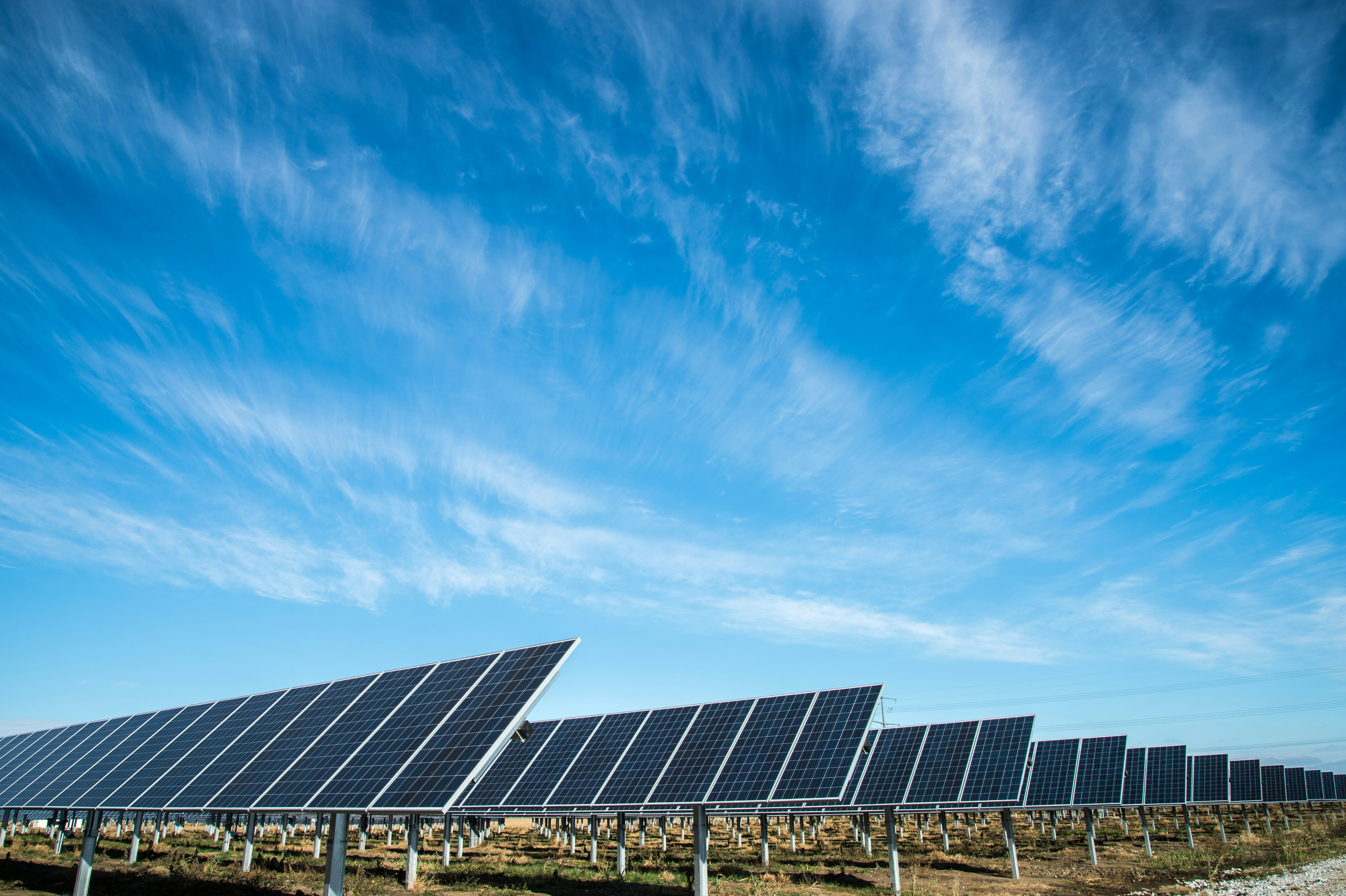 Large ground-mount commercial solar farm under blue sky