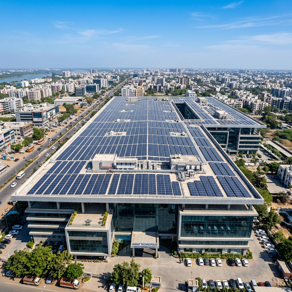 Large commercial solar rooftop array on office building