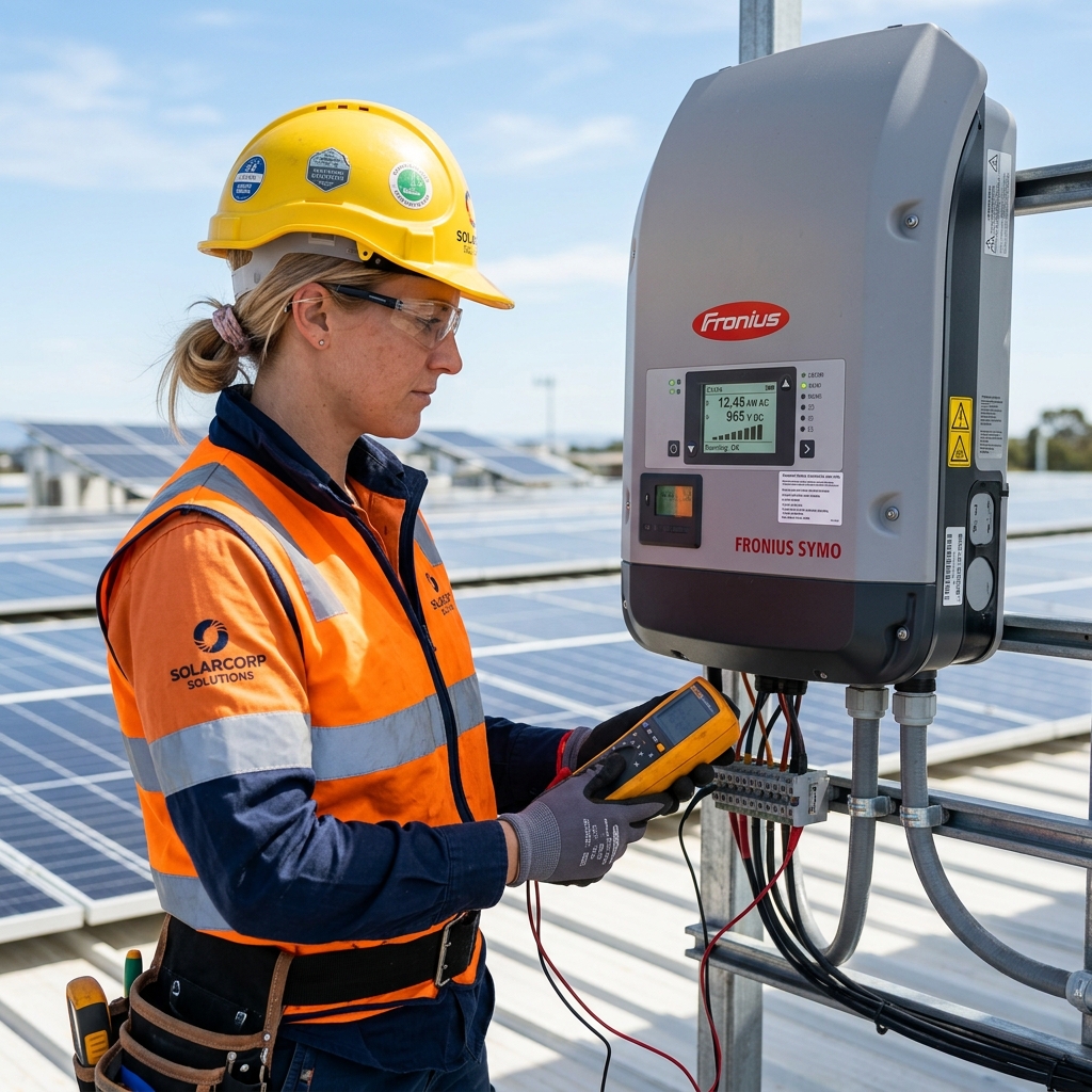 Technician inspecting solar inverter panels