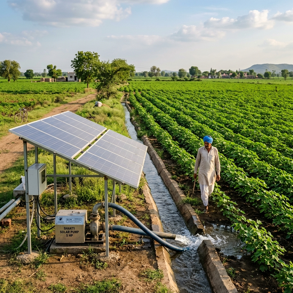 Solar powered pump irrigating agricultural crop fields