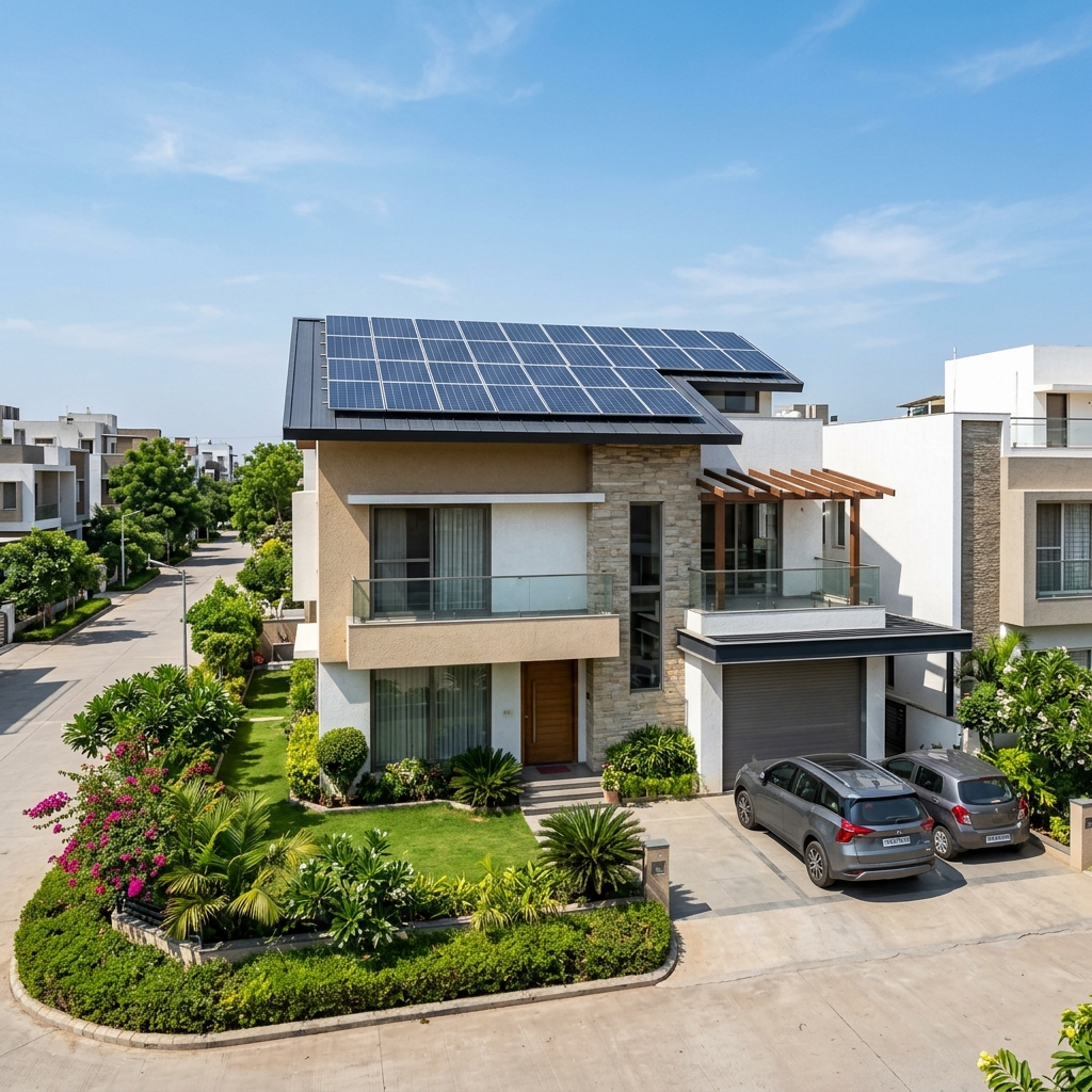 Sleek solar panels on modern suburban home roof